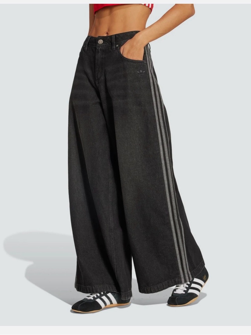 adidas Black Wide-Leg Flare Jeans with Grey Side Stripes
